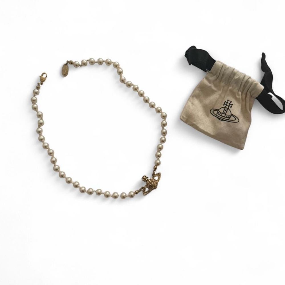 Vivienne Westwood Pearl Choker Necklace Gold Orb Logo